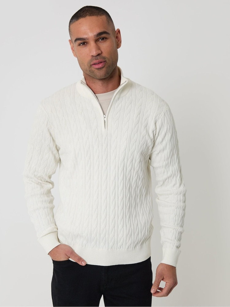 Threadbare White Cable Knit Quarter Zip Jumper - Image 1 of 5 Threadbare White Cable Knit Quarter Zip Jumper - Image 1 of 5