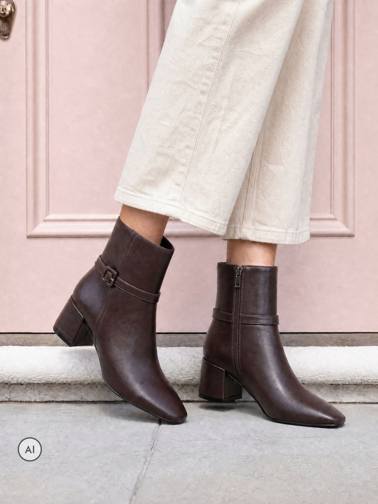 Novo Brown Wide Fit Karla Block Heel Buckle Detail Ankle Boots - Image 1 of 6 Novo Brown Wide Fit Karla Block Heel Buckle Detail Ankle Boots - Image 1 of 6