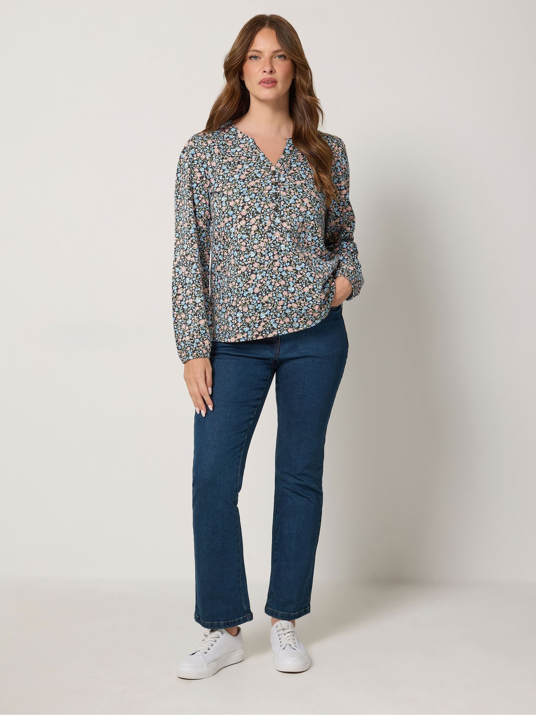 M&Co Black Mco Ditsy Floral Print Half Placket Cotton Top - Image 3