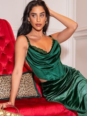 Pour Moi Green Jameela Stretch Velvet Midi Wrap Skirt - Image 2 of 5
