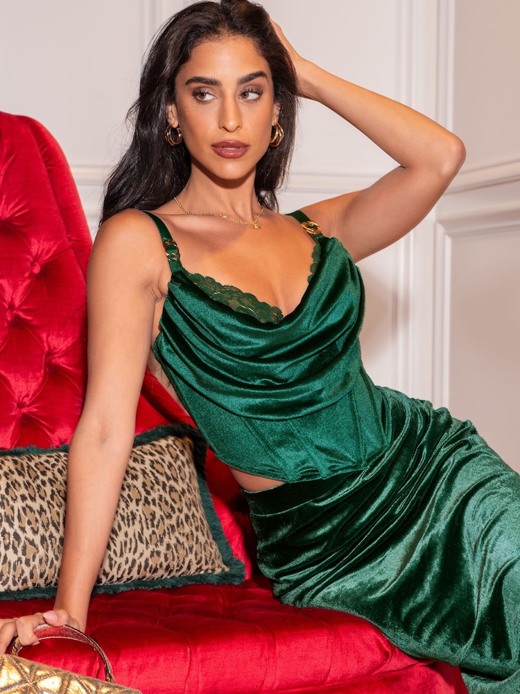 Pour Moi Green Jameela Stretch Velvet Midi Wrap Skirt - Image 2 of 5