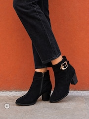 Novo Black Wide Fit Julianna Buckle Detail Almond Toe Block Heel Ankle Boots - Image 1 of 6