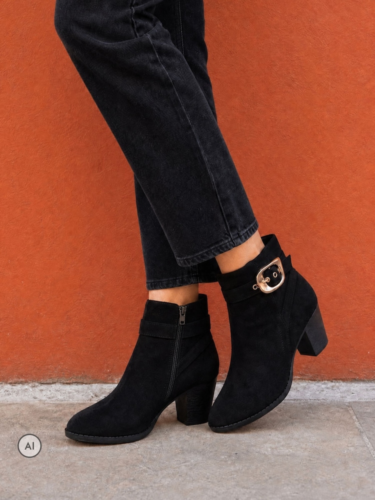 Novo Black Wide Fit Julianna Buckle Detail Almond Toe Block Heel Ankle Boots - Image 1 of 6 Novo Black Wide Fit Julianna Buckle Detail Almond Toe Block Heel Ankle Boots - Image 1 of 6
