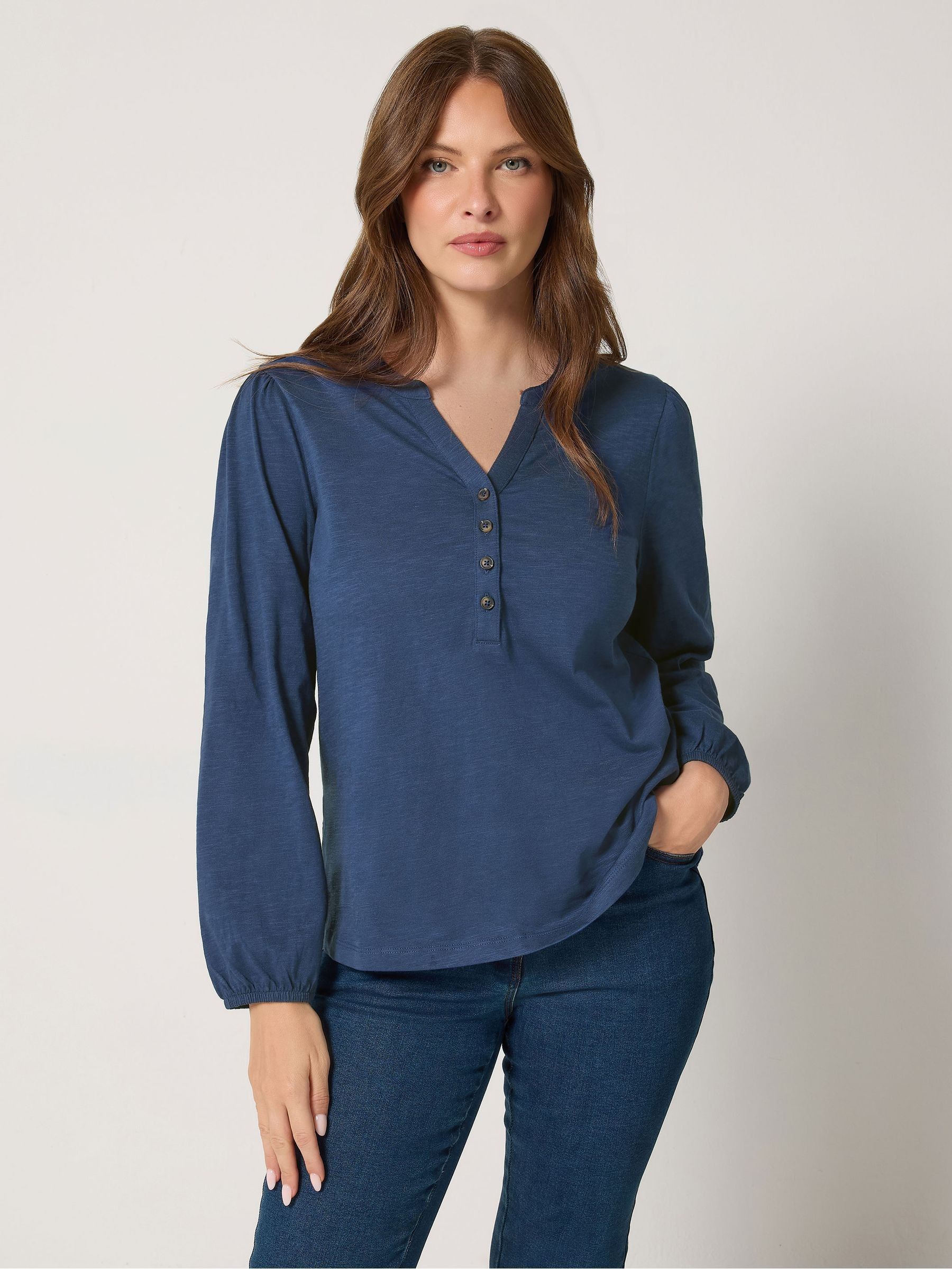 M&Co Blue Mco Half Placket Cotton Long Sleeve Top - Image 2
