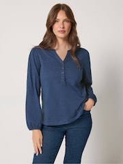 M&Co Blue Half Placket Cotton Long Sleeve Top - Image 1 of 6