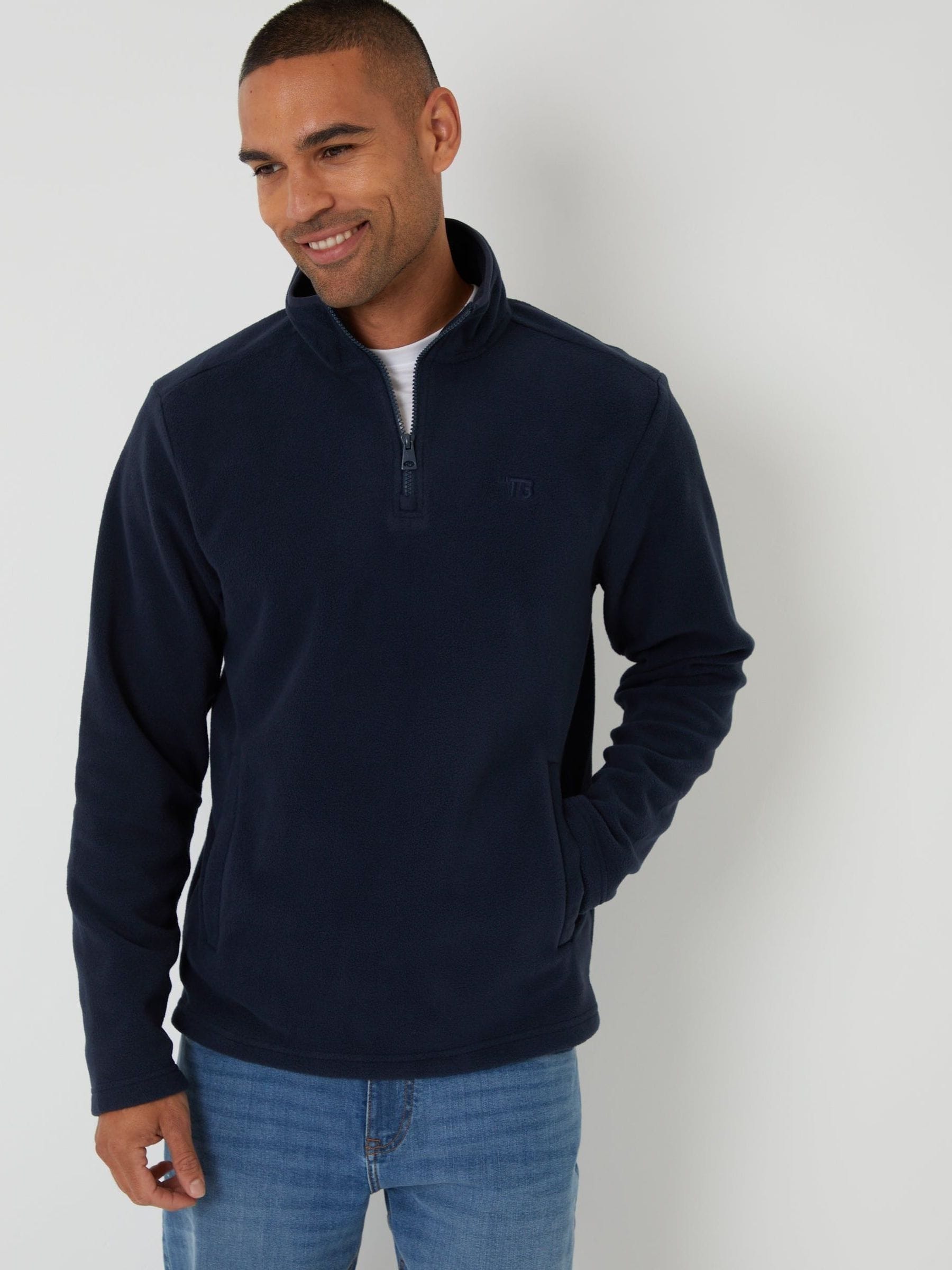 Threadbare Men's Navy Blue Quarter Zip Microfleece Sweatshirt