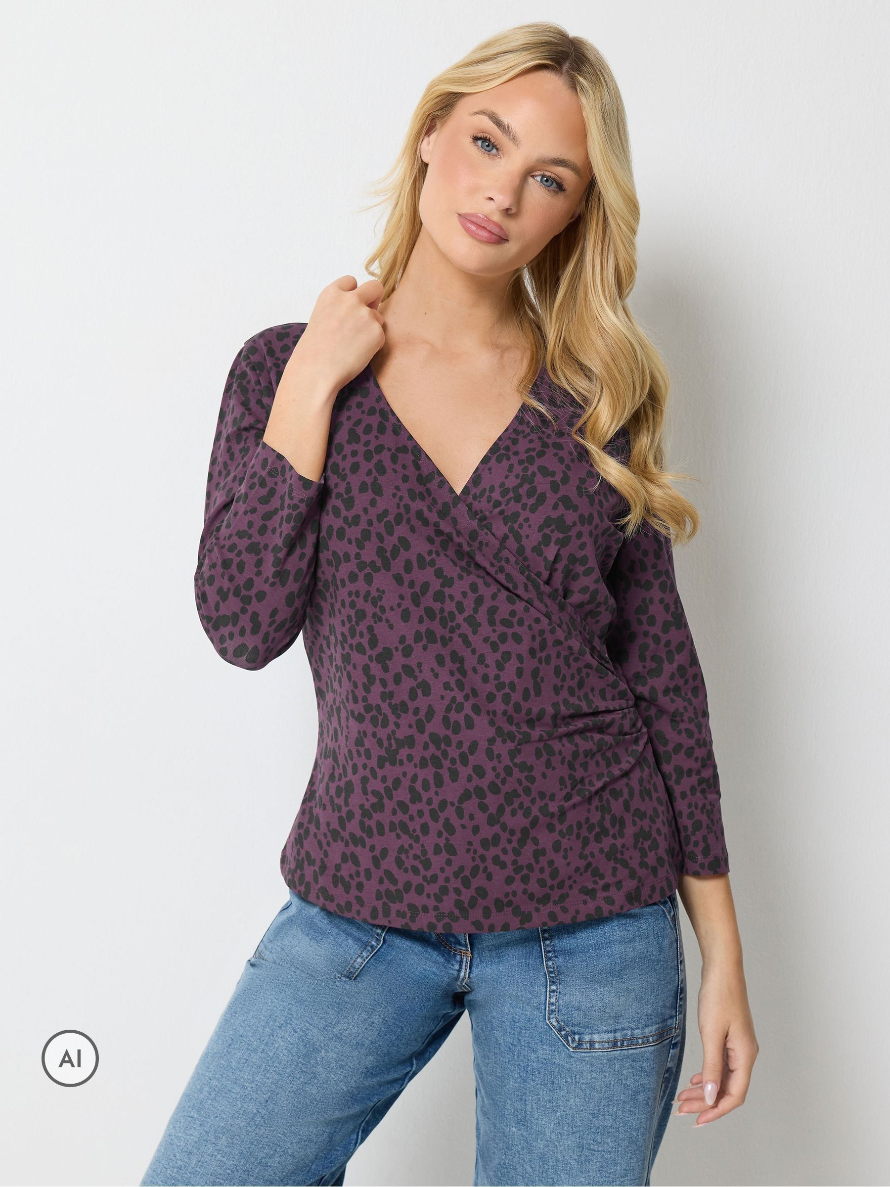 M&Co Women's Animal Print Wrap Top in Purple | Size: 20 - Image 1