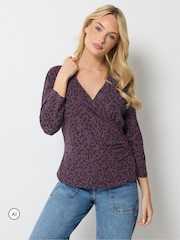 M&Co Purple Animal Print Cotton Rich 3/4 Sleeve Top - Image 1 of 6