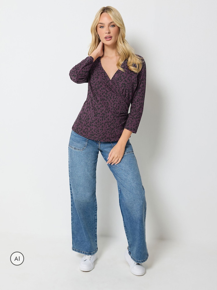 M&Co Purple Animal Print Cotton Rich 3/4 Sleeve Top - Image 2 of 6 M&Co Purple Animal Print Cotton Rich 3/4 Sleeve Top - Image 2 of 6