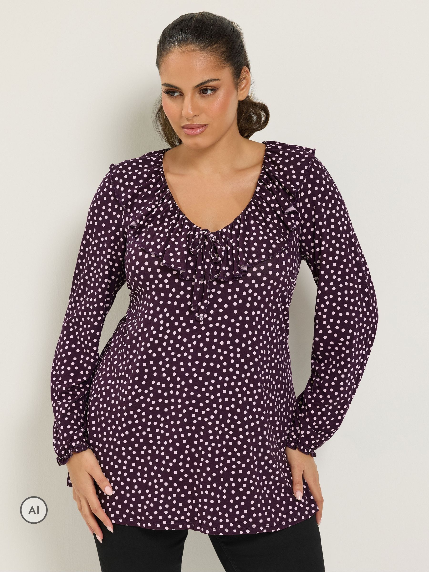 Yours Curve Women's Purple Polka Dot Frill Blouse - Image 1