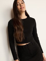 Black Double Layer Ribbed Long Sleeve Crew Neck Top - Image 1 of 6