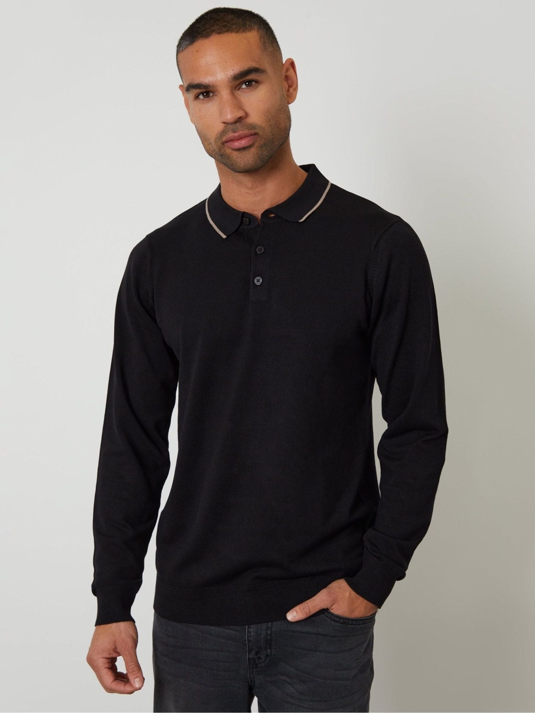 Threadbare Men's Black Knitted Long Sleeve Contrast Tipping Polo Jumper In | Size: 2XL - Image 2