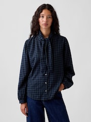 Gap Blue Green Check Tie-Neck Shirt - Image 1 of 4