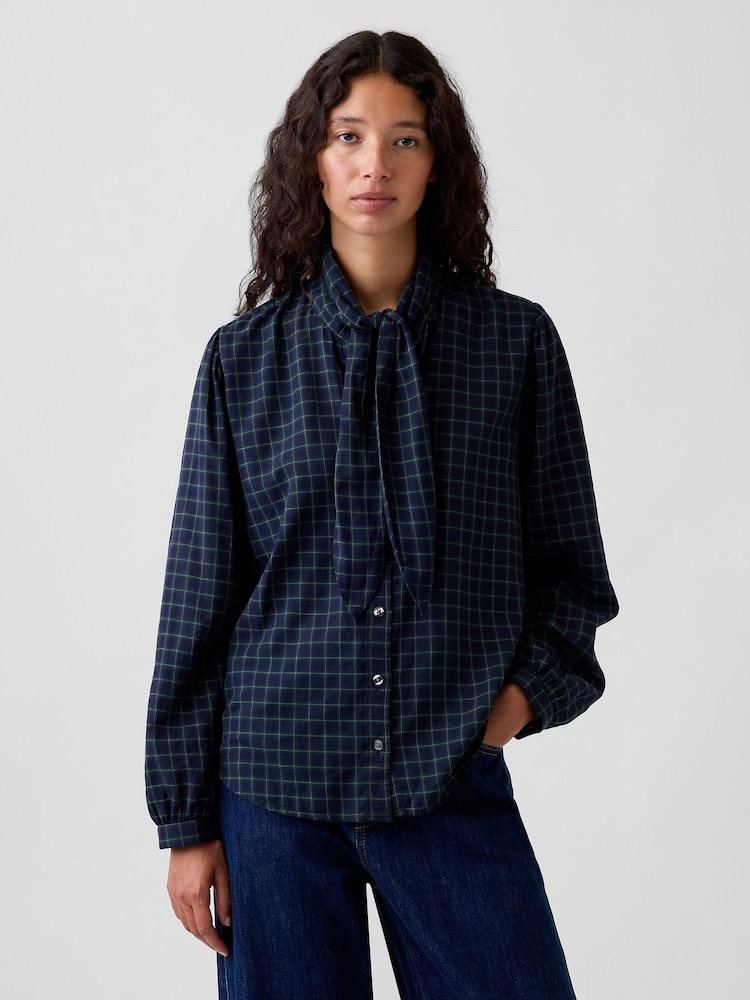 Gap Blue Green Check Tie-Neck Shirt - Image 1 of 4 Gap Blue Green Check Tie-Neck Shirt - Image 1 of 4
