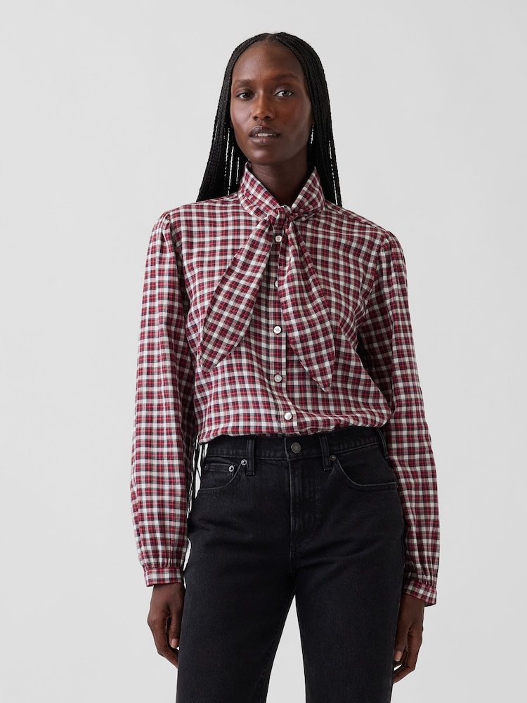 Gap Red White Check Tie-Neck Shirt - Image 1 of 4 Gap Red White Check Tie-Neck Shirt - Image 1 of 4