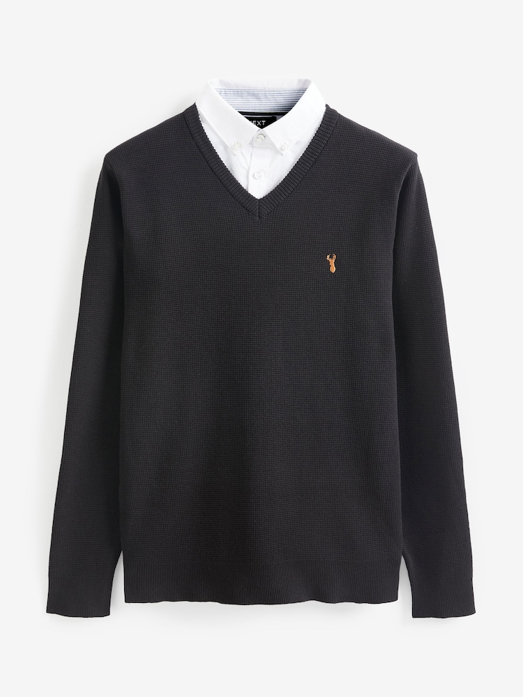 Noir Oxford - Col en V - Pull de chemise simulé régulier - Image 6 of 7
