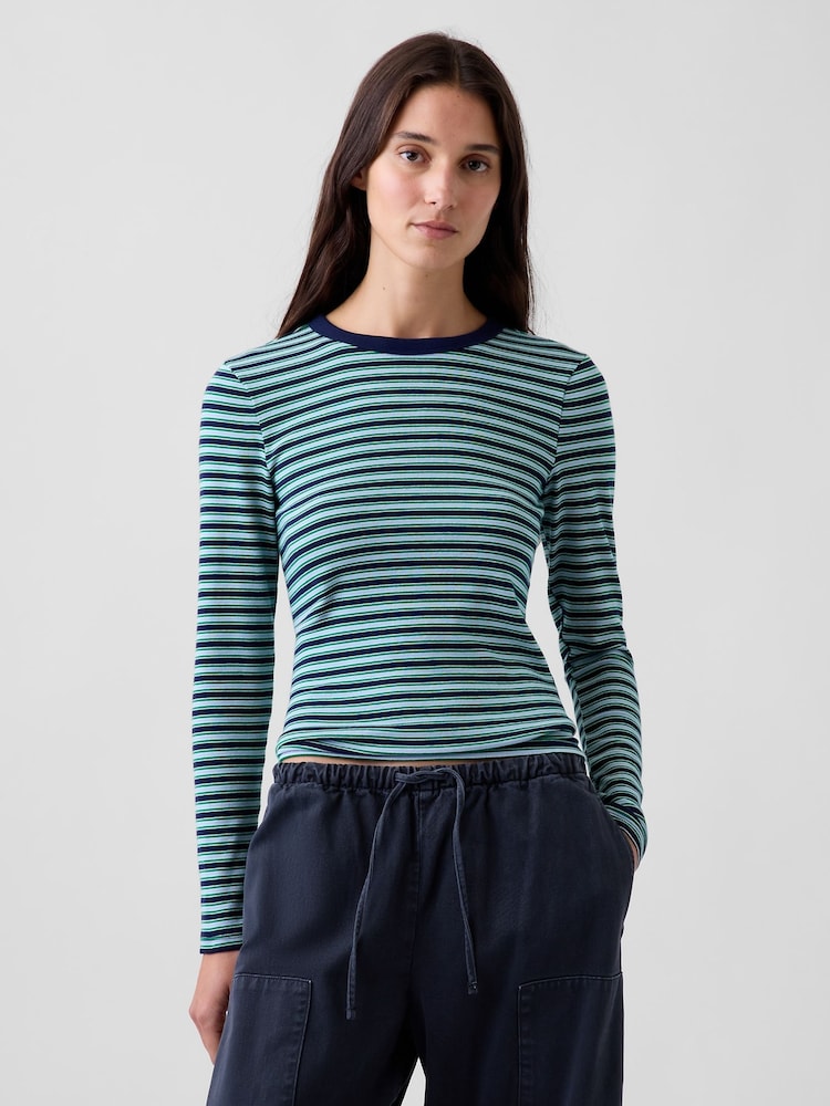 Gap Blue Stripe Modern Long Sleeve T-Shirt - Image 1 of 2 Gap Blue Stripe Modern Long Sleeve T-Shirt - Image 1 of 2