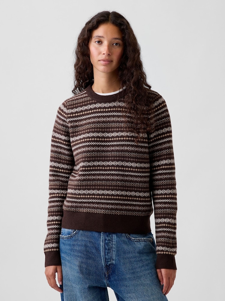 Gap Brown Fair Isle CashSoft Crew Jumper - Image 1 of 4 Gap Brown Fair Isle CashSoft Crew Jumper - Image 1 of 4