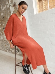 Rust Orange V-Neck Textured Midi Dress - Image 1 of 6