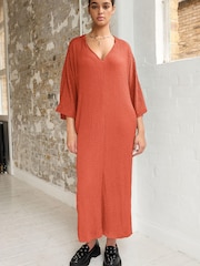 Rust Orange V-Neck Textured Midi Dress - Image 2 of 6