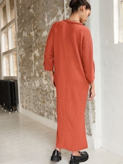 Rust Orange V-Neck Textured Midi Dress - Image 3 of 6