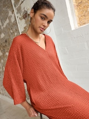 Rust Orange V-Neck Textured Midi Dress - Image 4 of 6