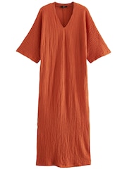 Rust Orange V-Neck Textured Midi Dress - Image 5 of 6