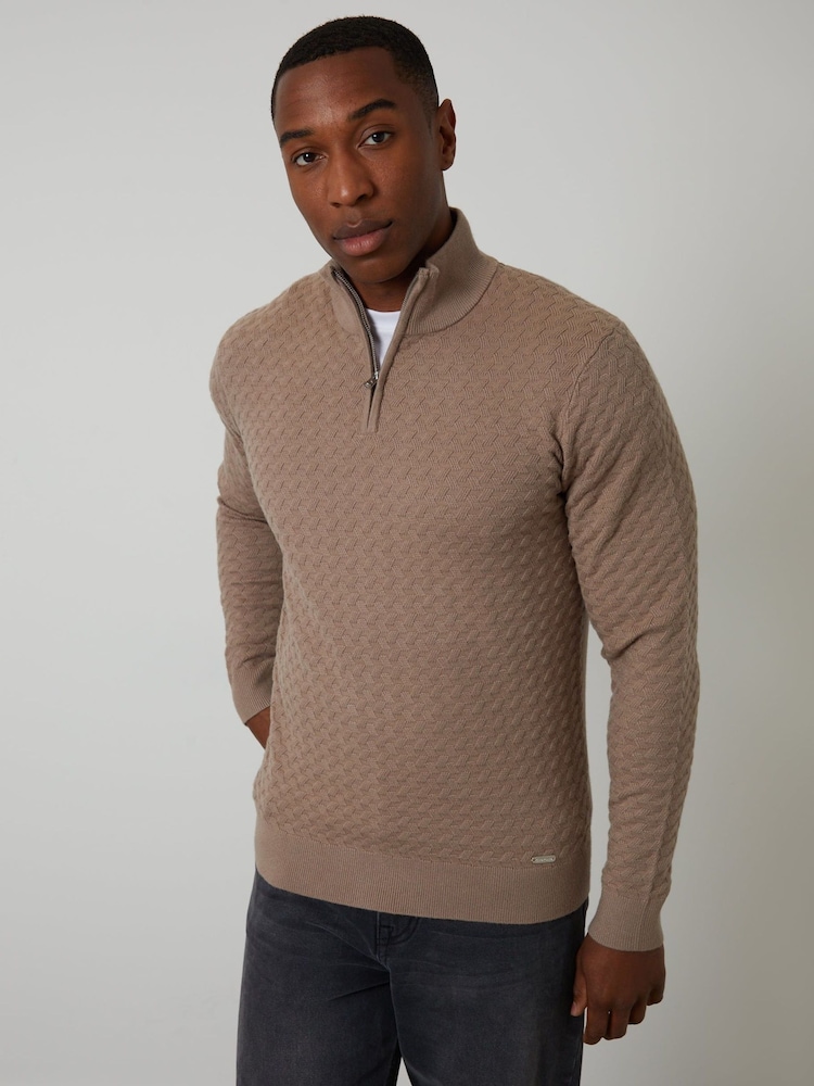 Threadbare Natural Textured Cable Knit Quarter Zip Jumper - Image 1 of 5 Threadbare Natural Textured Cable Knit Quarter Zip Jumper - Image 1 of 5