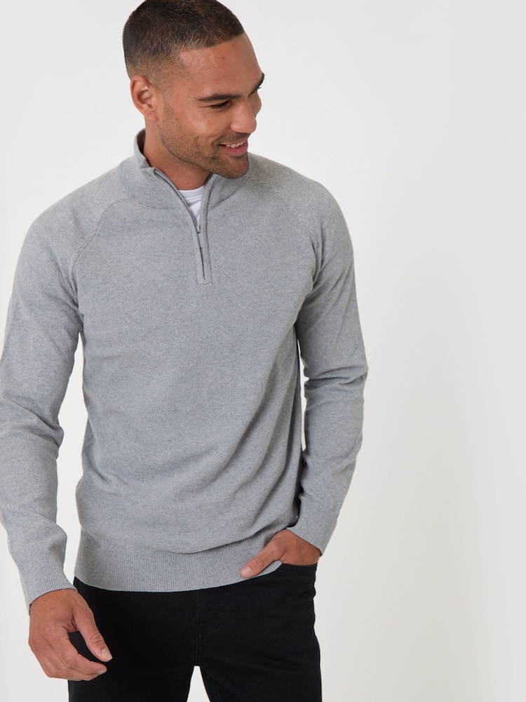 Threadbare Grey Cotton Rich Textured Quarter Zip Jumper - Image 1 of 5 Threadbare Grey Cotton Rich Textured Quarter Zip Jumper - Image 1 of 5
