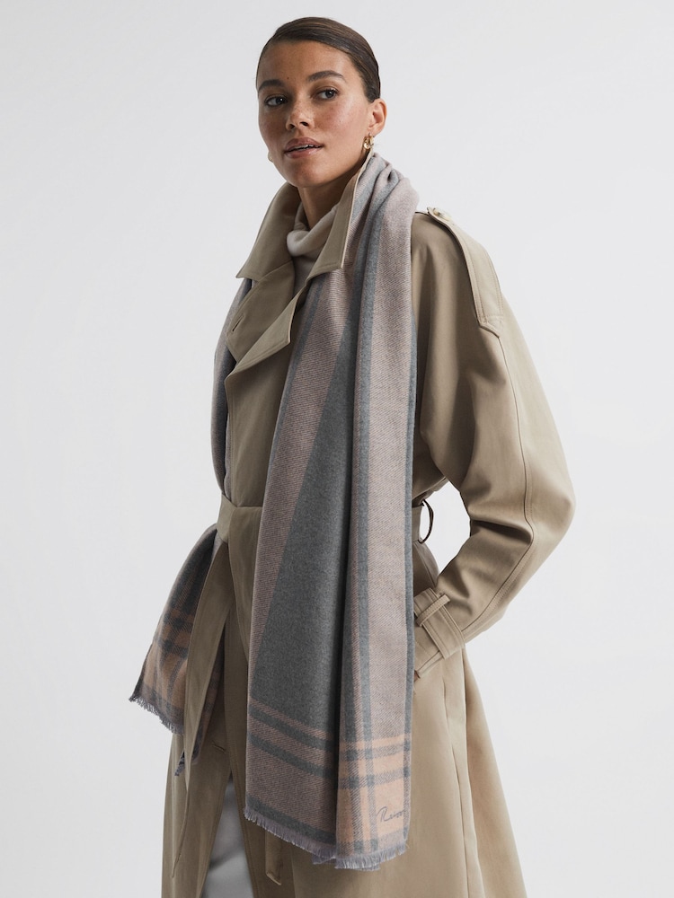 Reiss Pink/Grey Clara Checked Embroidered Scarf - Image 2 of 4