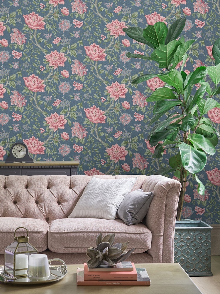 Laura Ashley Dark Seaspray Tapestry Floral 10M Wallpaper - Image 1 of 3