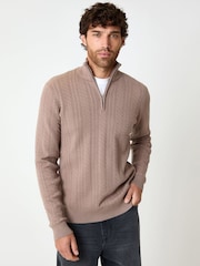 Threadbare Light Brown Cable Knit Quarter Zip Jumper - Image 1 of 4