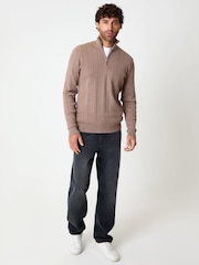 Threadbare Light Brown Cable Knit Quarter Zip Jumper - Image 3 of 4