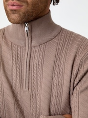 Threadbare Light Brown Cable Knit Quarter Zip Jumper - Image 4 of 4