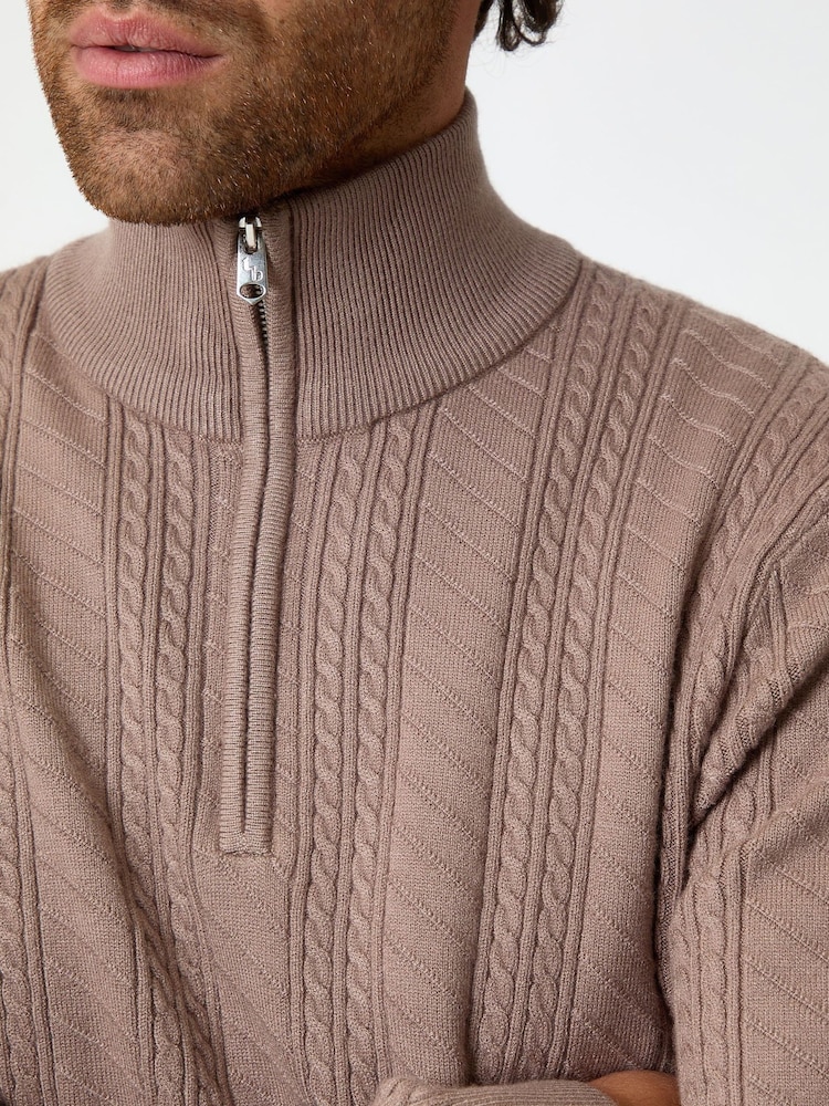 Threadbare Light Brown Cable Knit Quarter Zip Jumper - Image 4 of 4