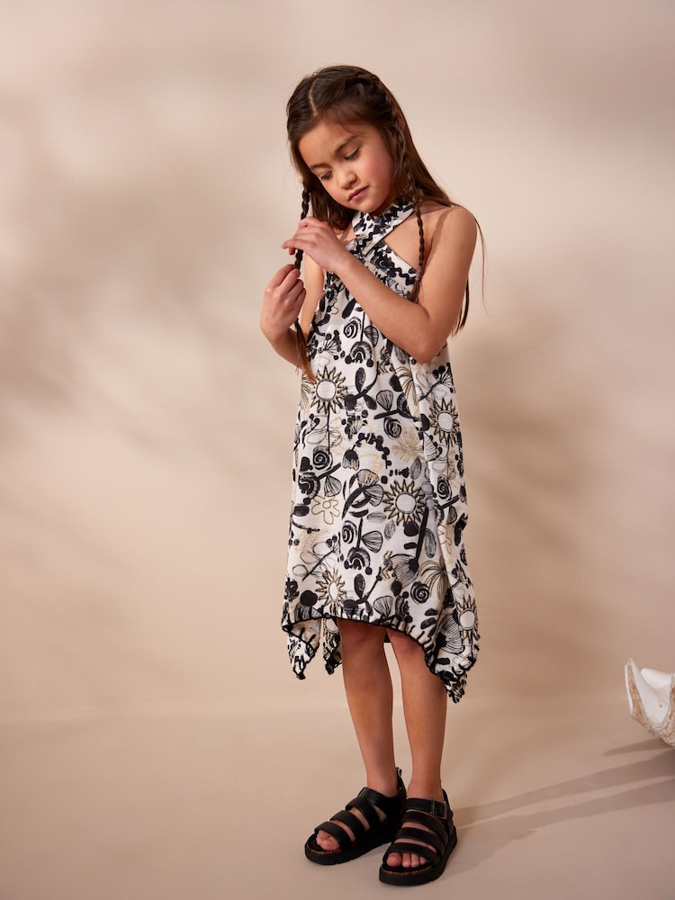 Schwarz/Ecru Weißer Druck - Jersey-Kleid mit Neckholder (3 bis 16 Jahre) - Bild 1 von 8