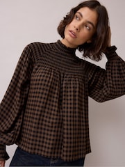 Ro&Zo Brown Gingham Shirred Neck Blouse - Image 1 of 6