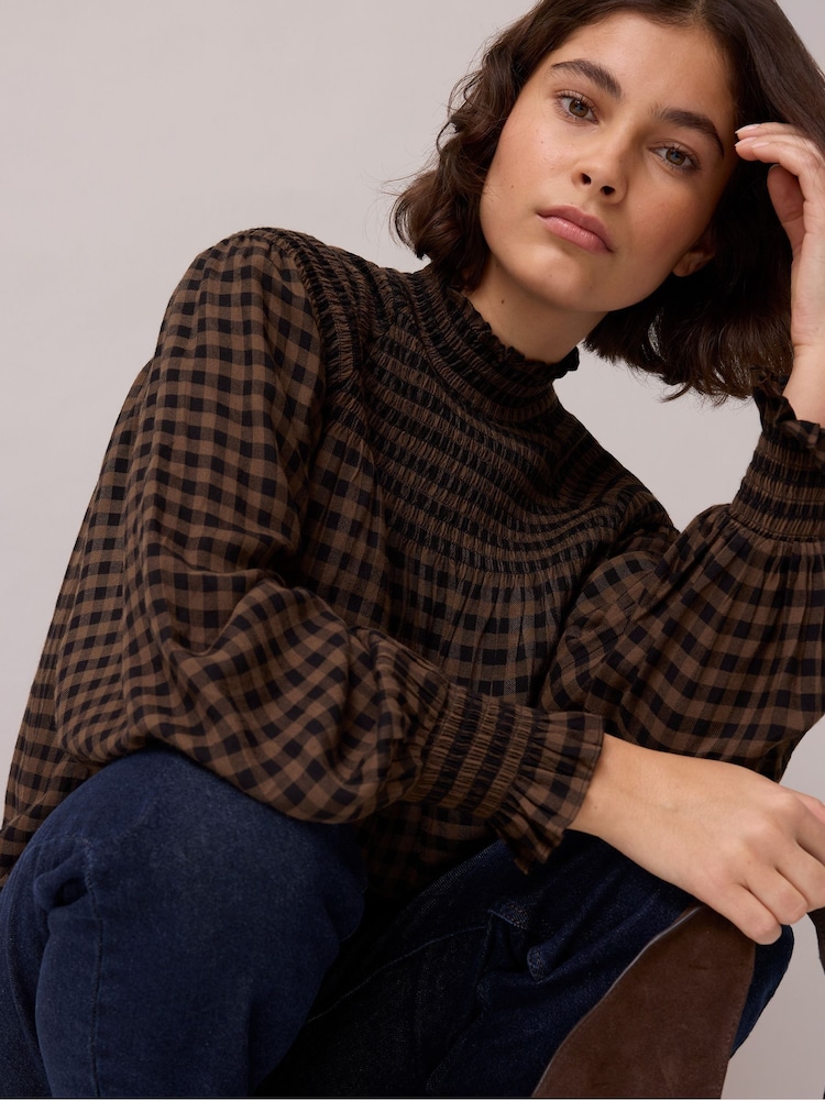 Ro&Zo Brown Gingham Shirred Neck Blouse - Image 2 of 6