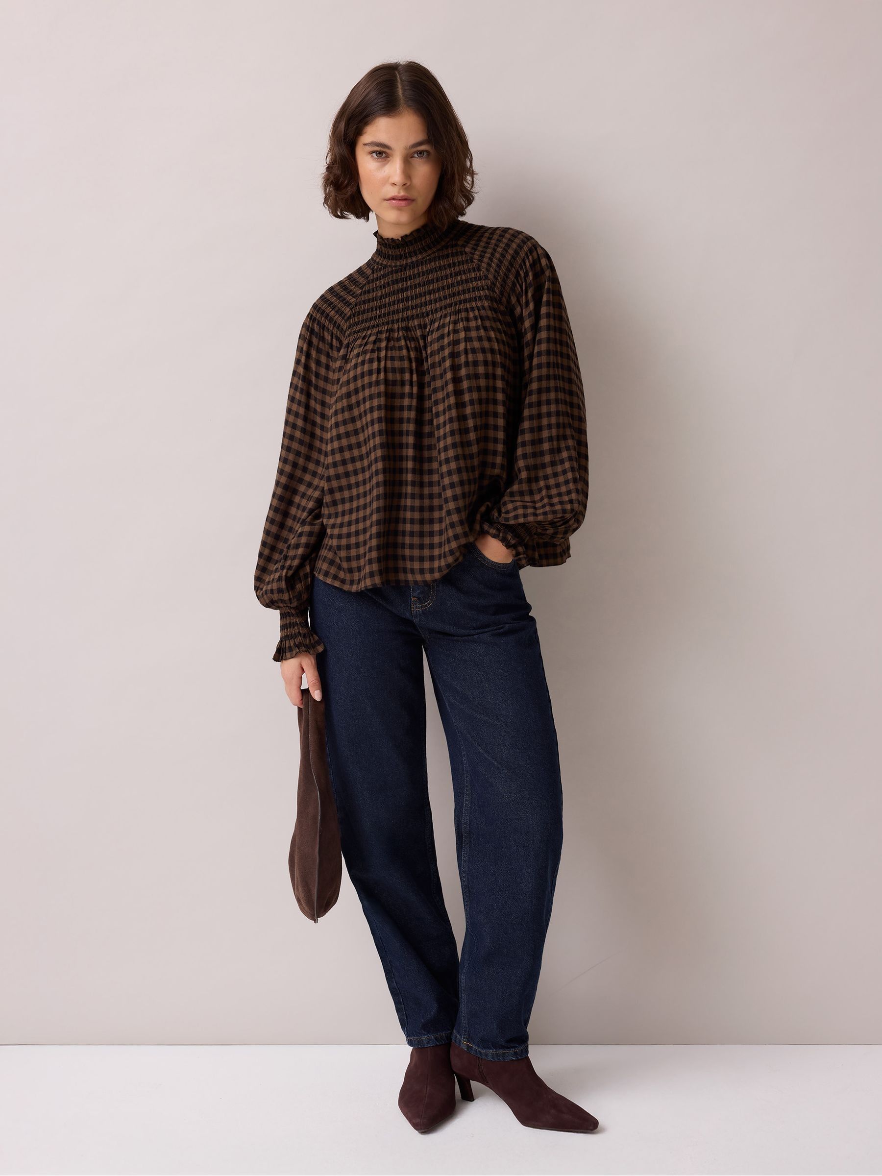 Buy Ro&Zo Brown Gingham Shirred Neck Blouse from Next USA