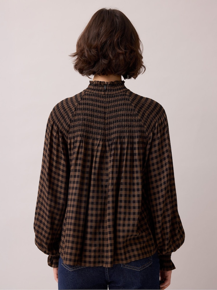 Ro&Zo Brown Gingham Shirred Neck Blouse - Image 6 of 6