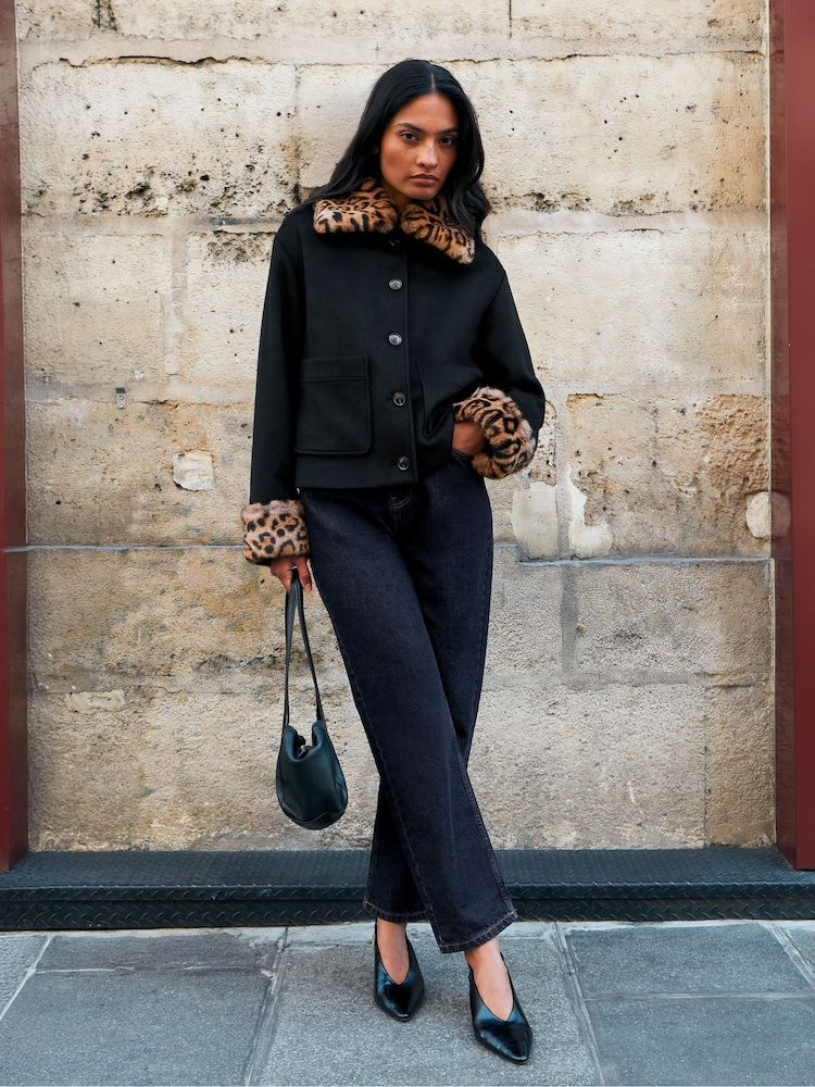Ro&Zo Animal Leopard Detachable Faux Fur Jacket With Wool - Image 1 of 7