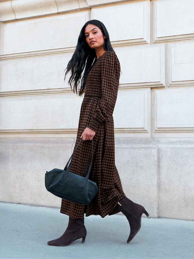Ro&Zo Brown Gingham Shirred Bodice Dress - Image 1 of 6