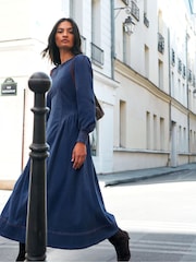 Ro&Zo Blue Denim Gathered Side Midi Dress - Image 1 of 6