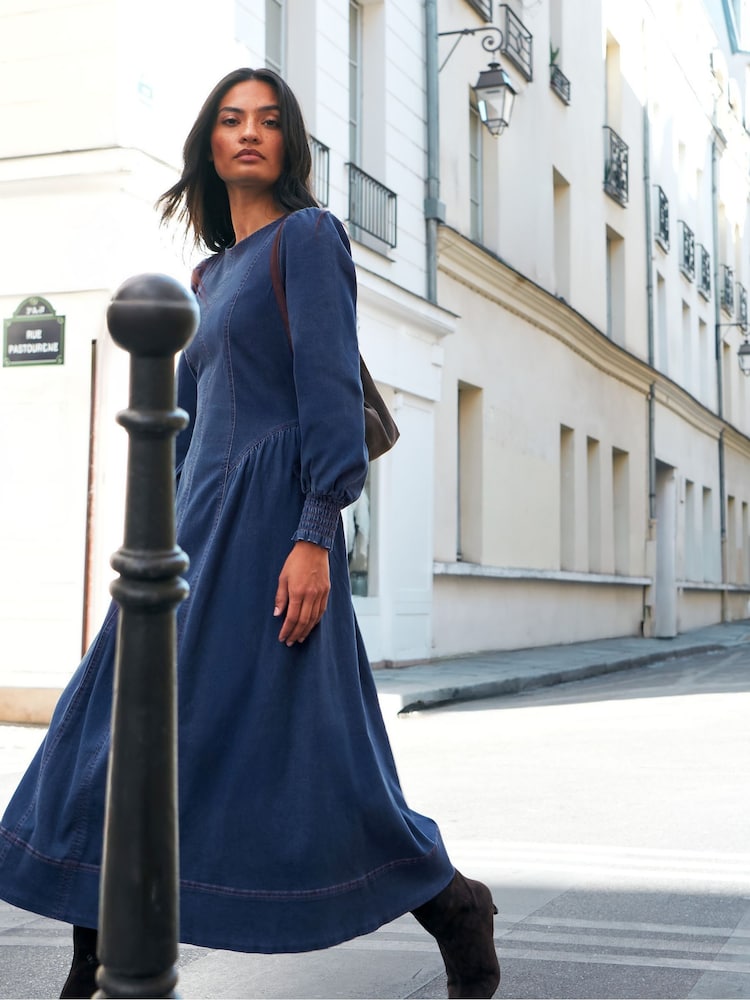Ro&Zo Blue Denim Gathered Side Midi Dress - Image 1 of 6