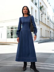Ro&Zo Blue Denim Gathered Side Midi Dress - Image 3 of 6