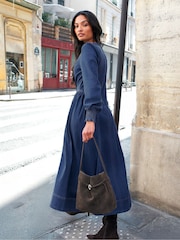 Ro&Zo Blue Denim Gathered Side Midi Dress - Image 5 of 6