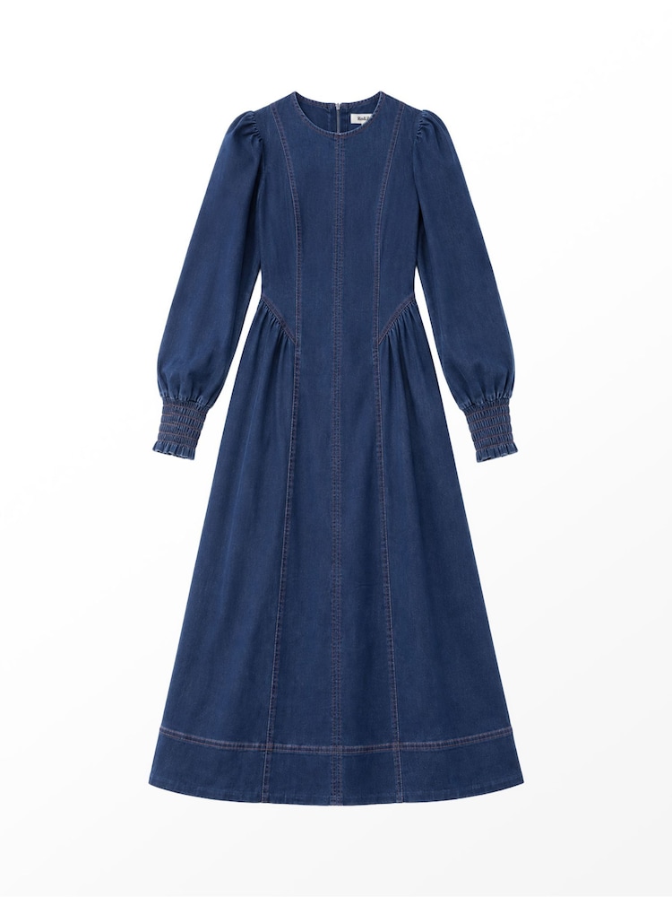 Ro&Zo Blue Denim Gathered Side Midi Dress - Image 6 of 6