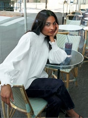 Ro&Zo White Cotton Shirred Neck Blouse - Image 1 of 6
