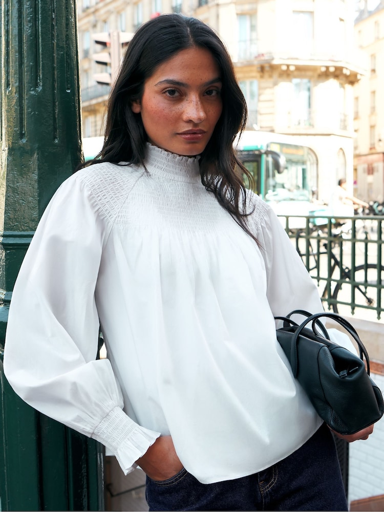 Ro&Zo White Cotton Shirred Neck Blouse - Image 2 of 6