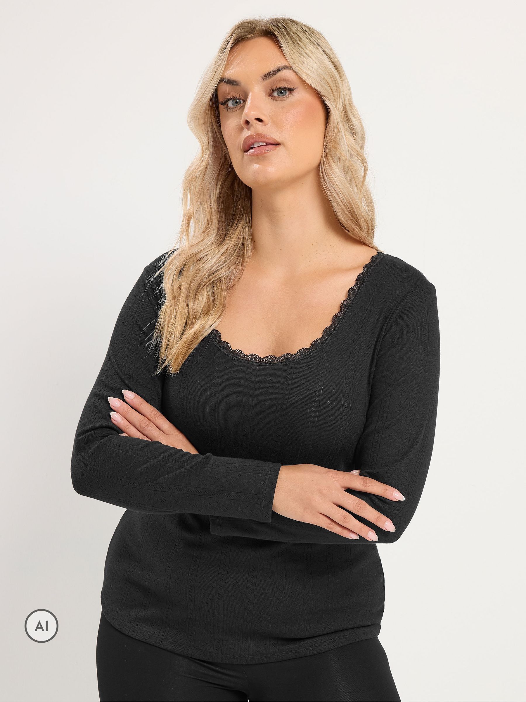 Yours Women's Thermal Pointelle Long Sleeve Top in Black | Size: 34-36 - Image 2